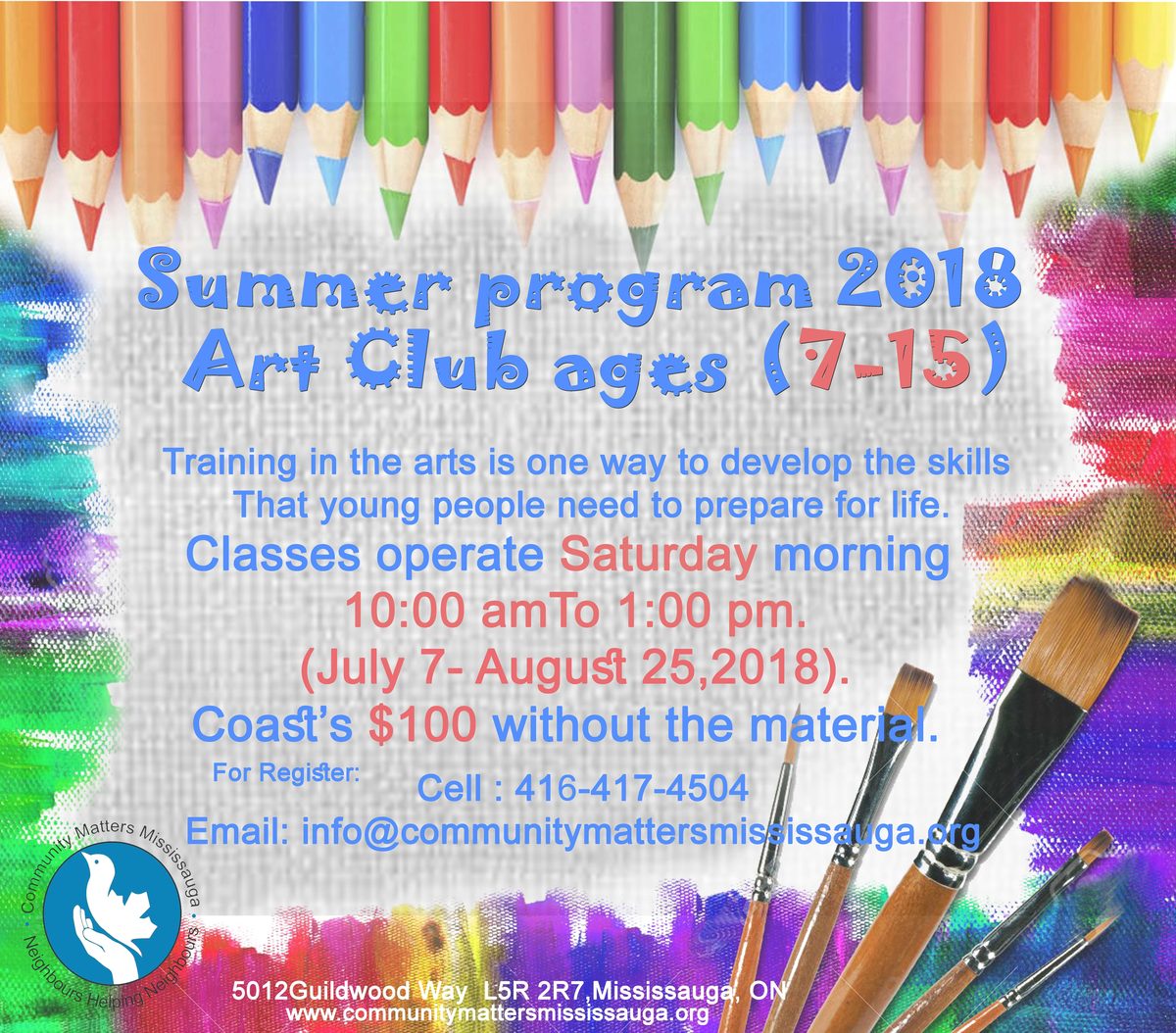 Community Matters Mississauga poster for the summer Art Club for ages 7 to 15