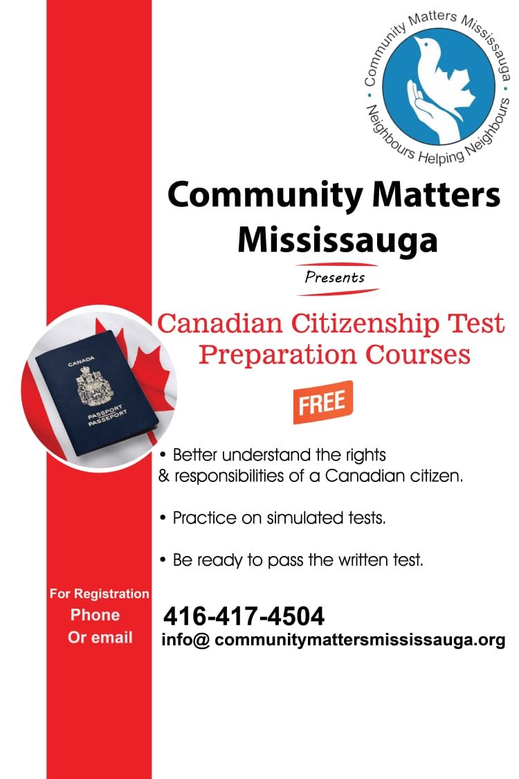 Community Matters Mississauga poster for the Canadian Citizenship Test Preparation course