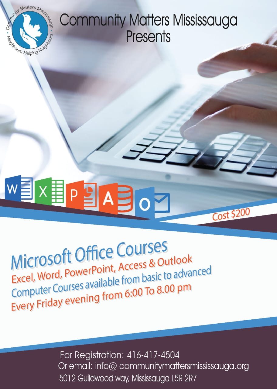 Community Matters Mississauga poster for Microsoft Office and computer fundamentals courses