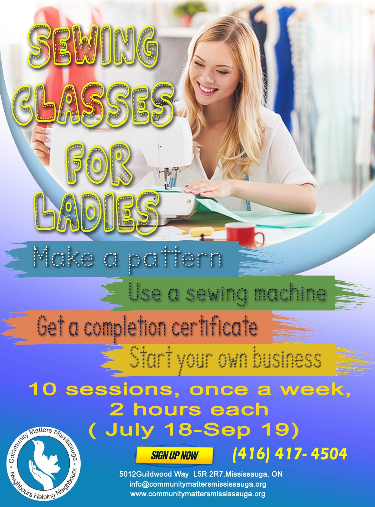 Community Matters Mississauga poster for sewing classes for ladies